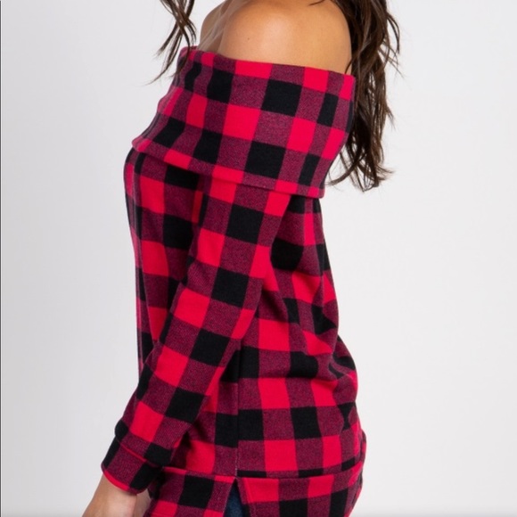 Red and Black Plaid Off the Shoulder Blouse - Picture 5 of 7